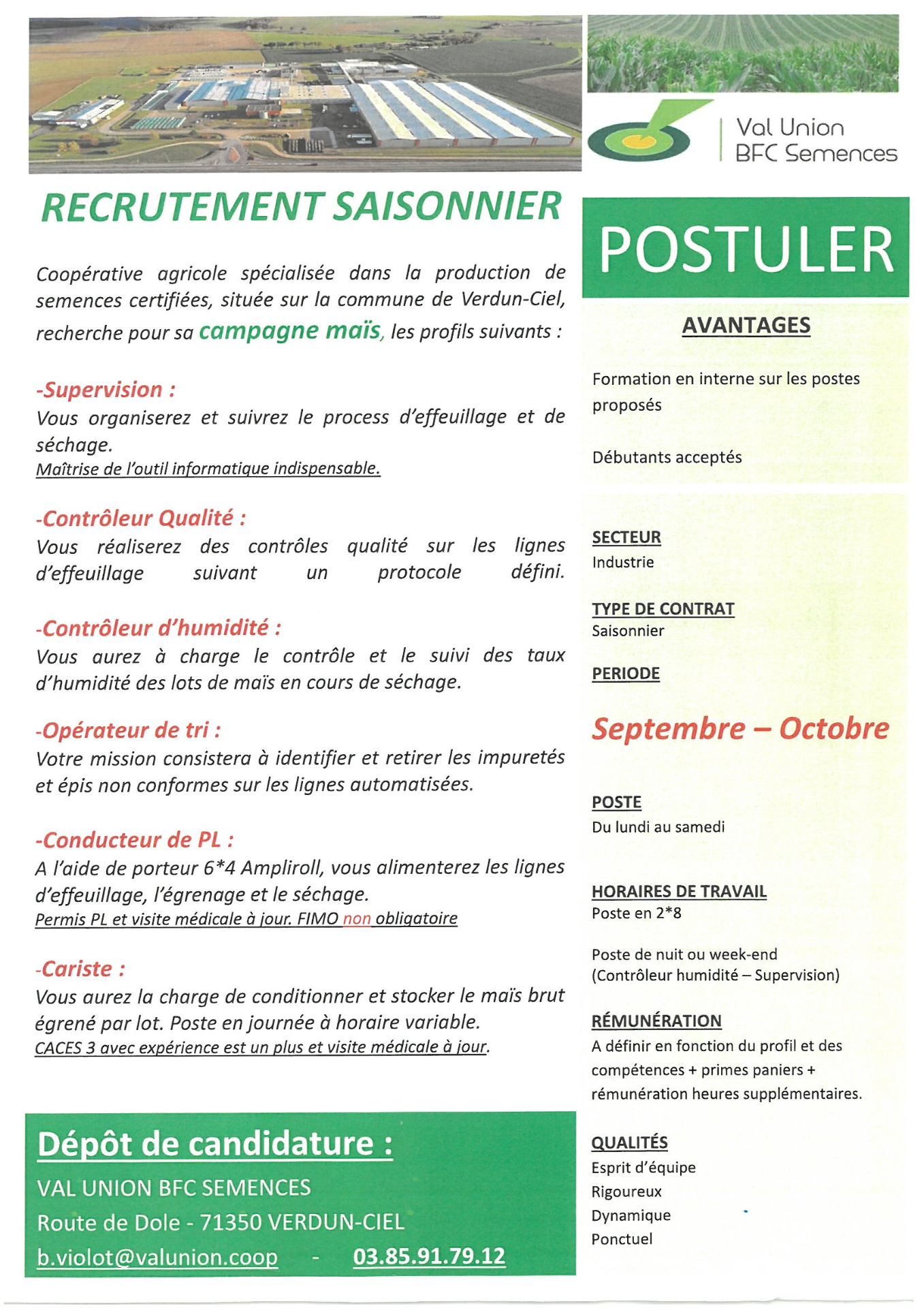 Recrutement saisonnier Val Union BFC
